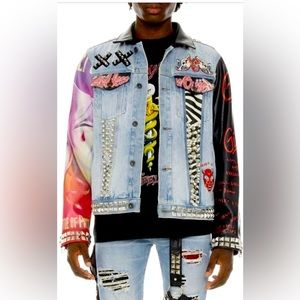 Cult of Individuality Motley Crue Studded Denim Jacket Vegan Leather Sleeves 3X